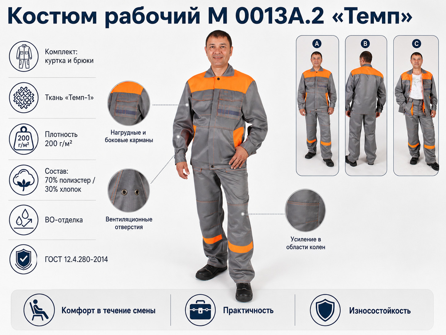 костюм рабочий Темп, костюм М 0013А.2, рабочая спецодежда, костюм куртка брюки, спецодежда от загрязнений, ГОСТ 12.4.280-2014, рабочий костюм купить